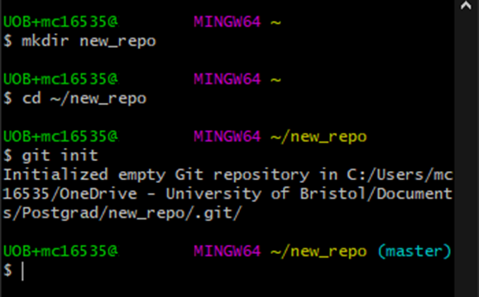 Git Bash output for initialising a new repo